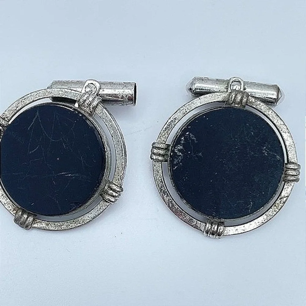 Vintage 80s Black Onyx Cufflinks Silver Tone Round Art Deco‎ Swivel Jewelry